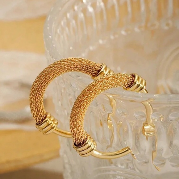Gold Plated Stainless Steel Textured Hoop Earrings - Picture 4 of 5